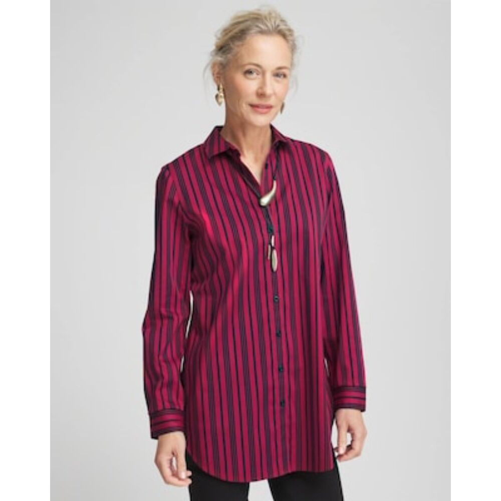 Chico's Women's Size 0.5/Small No Iron Stripe Tunic Button Front Long Sleeve